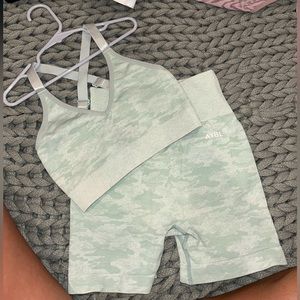 Camo green Aybl// xs biker scrunch shorts// xs bra//